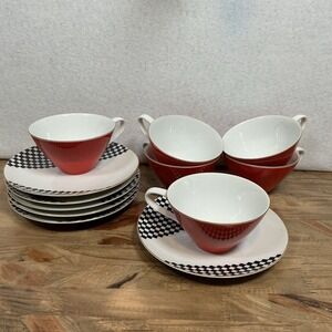 Seyei Fine China Japan MCM Checkerboard Plates & Red Teacup Retro Mod Set